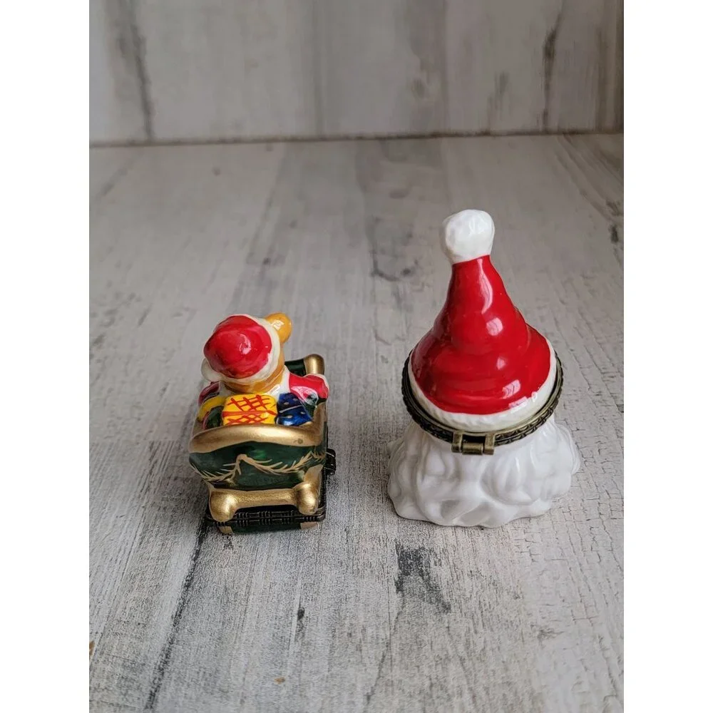 Vintage‎ mini trinket box santa claus face bear sled figure xmas